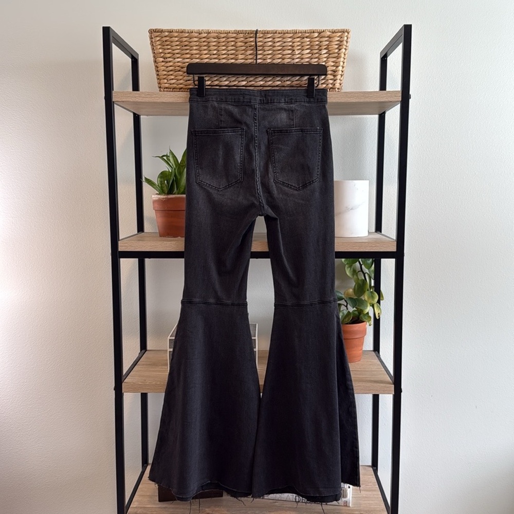 Free People High-Rise Washed Black Raw Hem Bell Bottom Extreme Flare Jeans, 27 - Picture 4 of 8